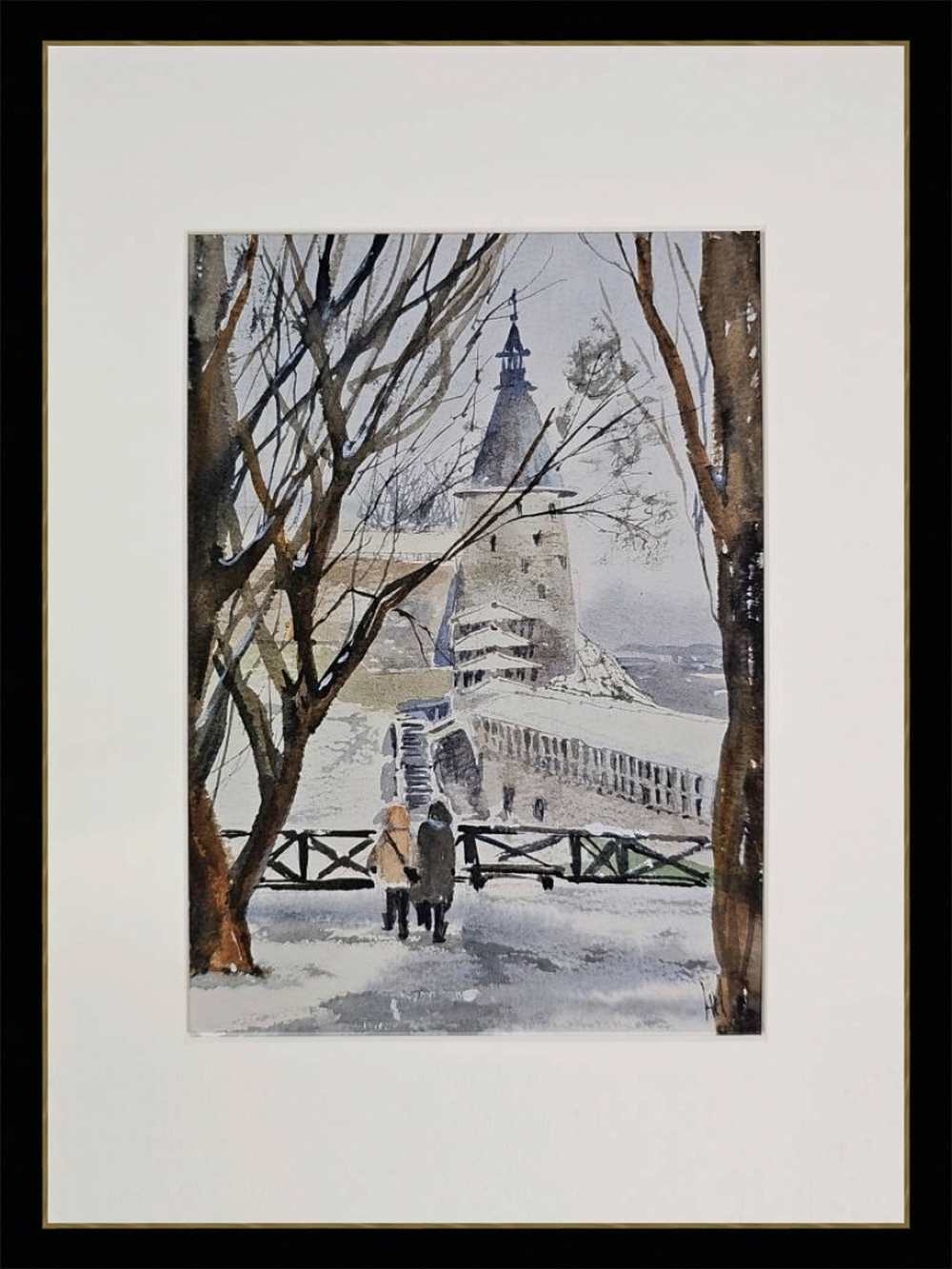 Картина авторская акварельная в паспарту 21х30 см на стену для интерьера "Прогулки по Пскову"