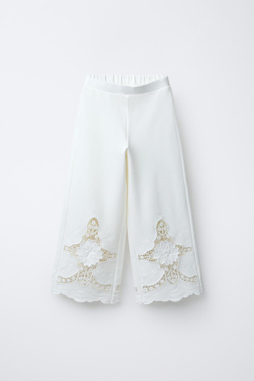 ZARA ШИРОКИЕ БРЮКИ С ВЫШИВКОЙ, ЭКРЮ