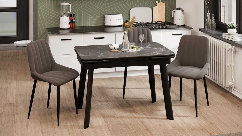 Стол кухонный обеденный раздвижной Черный муар/Керамика матовая черный мрамор 110(169)х70х77 см