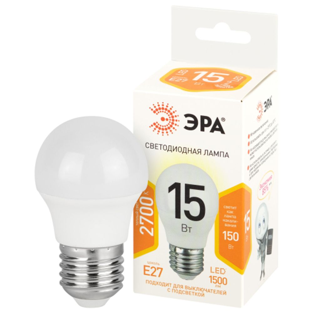 Лампа светодиодная ЭРА STD LED P45-15W-827-E27 15Вт шар теплый белый свет Е27
