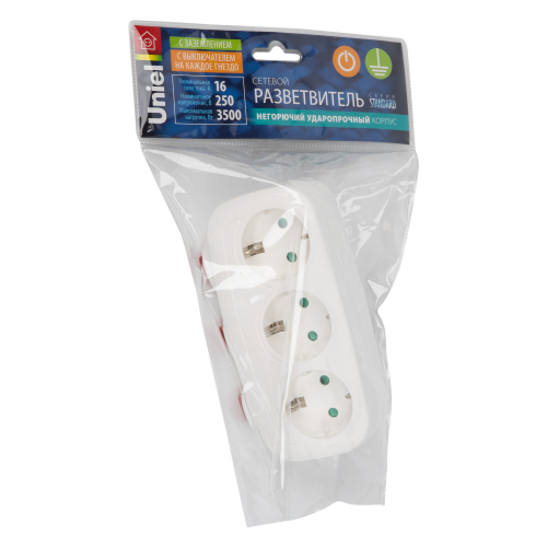 S-GES3-16OB WHITE Разветвитель сетевой с выключателем, с/з. 3 гнезда. 16А, 3500Вт. Белый. ТМ Uniel