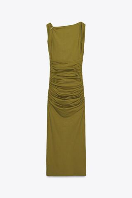 ZARA ПЛАТЬЕ ИЗ ПОЛИАМИДА С РАКУШКОЙ, ОЛИВКОВЫЙ