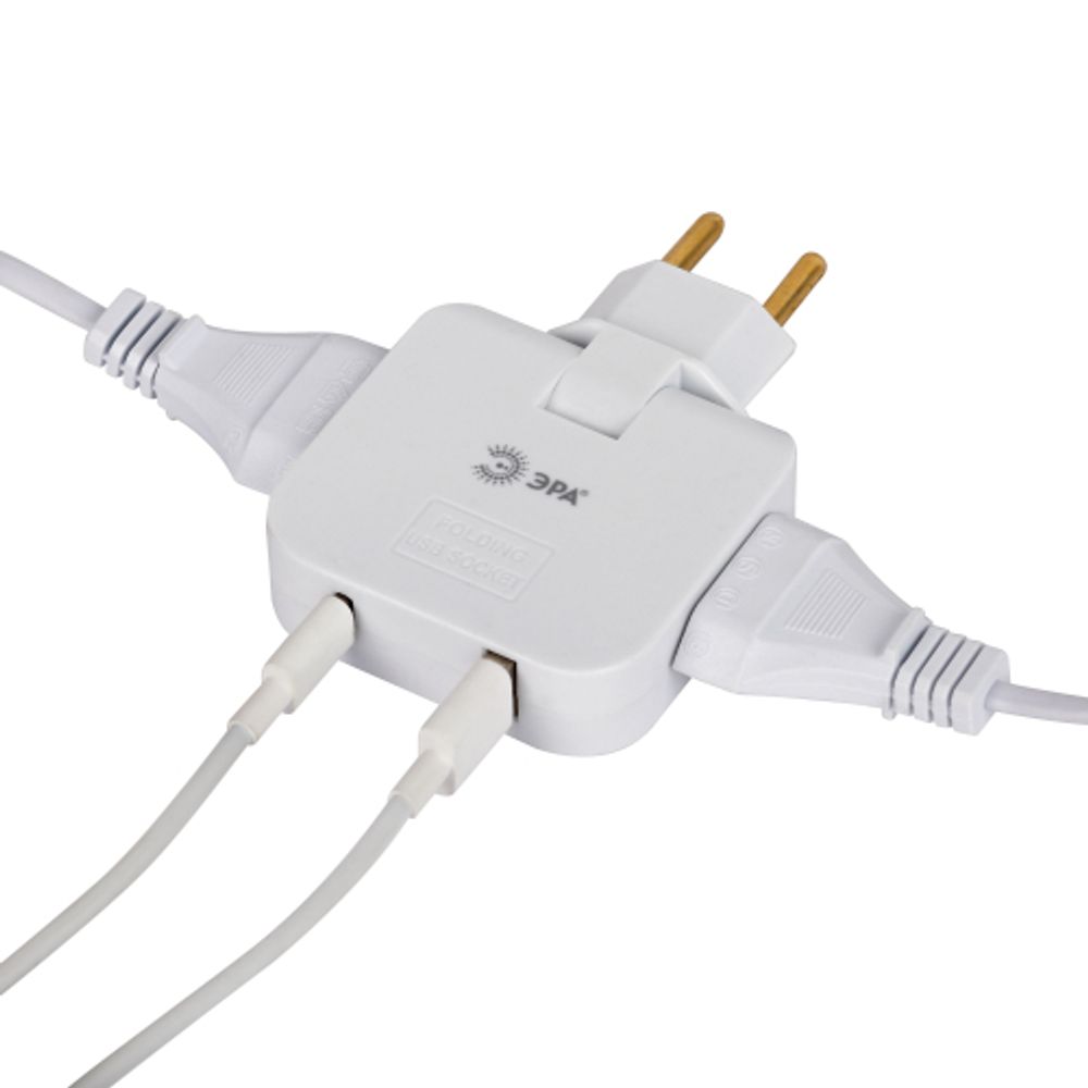Разветвитель электрический ЭРА SPF-2-FL-USBC поворотный на 2 розетки + 2USB A+C 10А белый | Электротовары