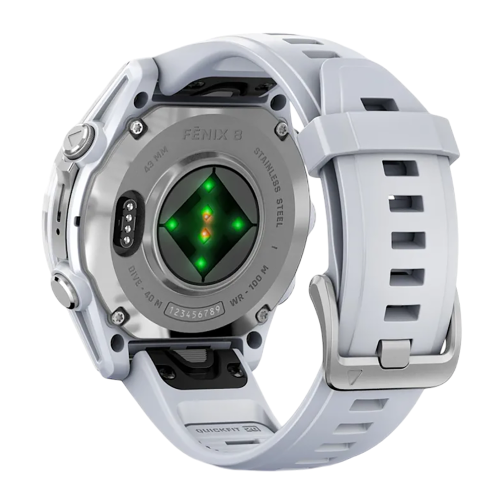 Спортивные часы Garmin fenix 8, 43 мм, AMOLED, сталь, силиконовый ремешок цвета «Уайтстоун» Серебристый безель из нержавеющей стали, стекло Gorilla Glass. Ремешок с классической застёжкой — на запястье обхватом 108–182 мм