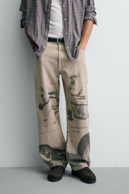 ZARA Х FORD ШИРОКИЕ БРЮКИ С ПРИНТОМ, СЕРО-БЕЖЕВЫЙ