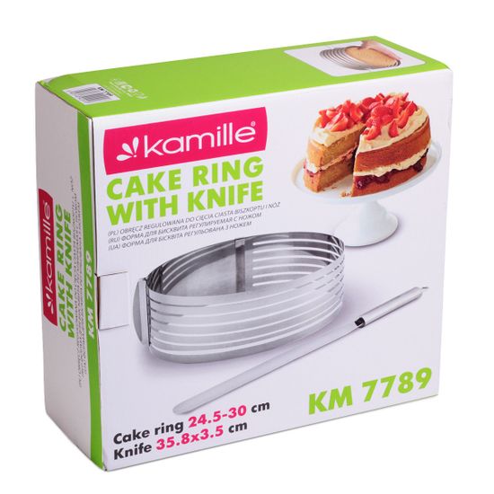 Форма-слайсер для бисквита регулируемая 24,5-30 см Kamille KM 7789 с отверстиями для нарезки и ножом