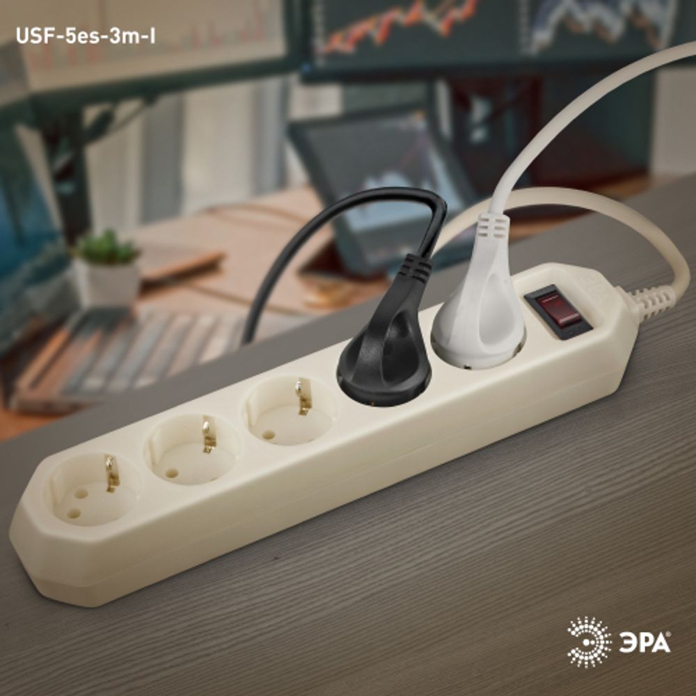 Сетевой фильтр ЭРА USF-5es-3m-I с базовой защитой с заземлением с выключателем 5 розеток 3м 10А слоновая кость