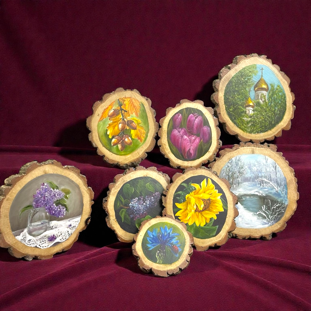 Василек - картина маслом на срезе дуба с корой | Художница Ольга Ефимова