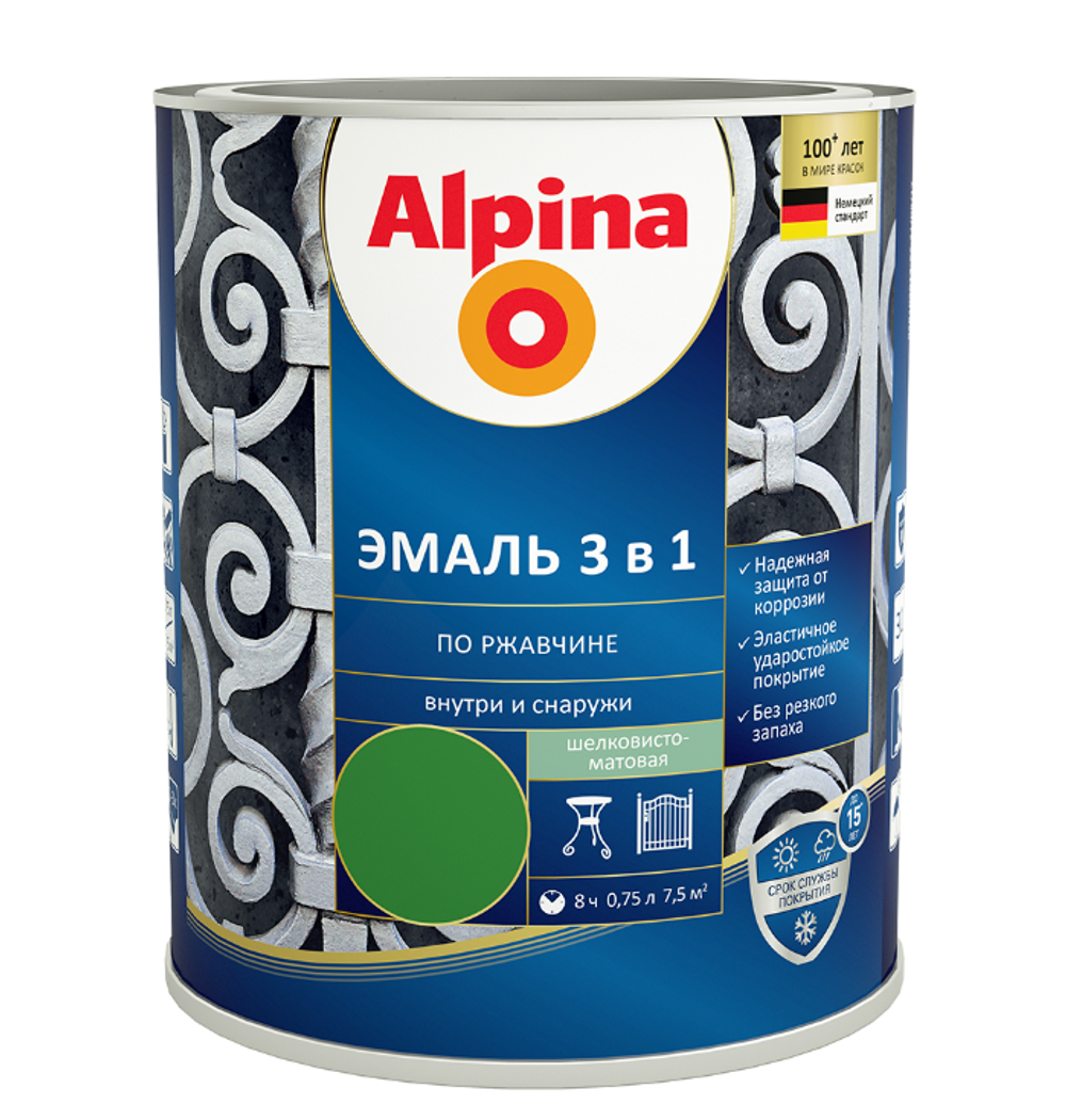ЭМАЛЬ ПО РЖАВЧИНЕ ALPINA 3 В 1 ШЕЛК-МАТ RAL6002 0,75Л / 0,80КГ