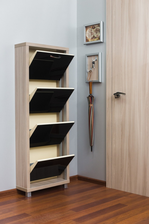 Обувница в прихожую компактная для обуви Люкс 4 черное стекло ясень шимо