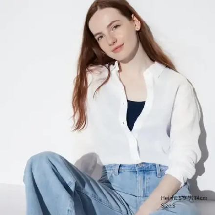 UNIQLO ЛЬНЯНАЯ РУБАШКА 100% ПРЕМИУМ-КЛАССА, БЕЛЫЙ