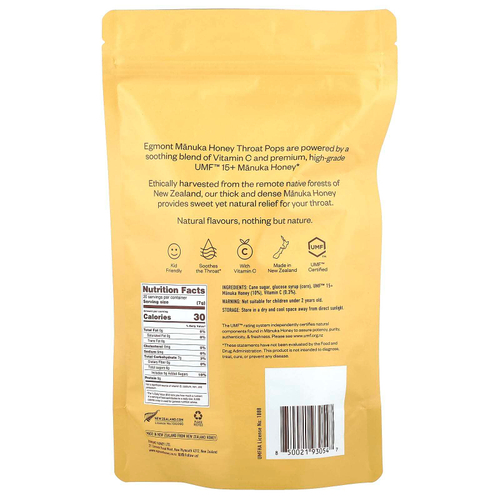Egmont Honey, Manuka Honey Throat Pops, UMF ™ 15+, 20 леденцов, 140 г (4,94 унции)