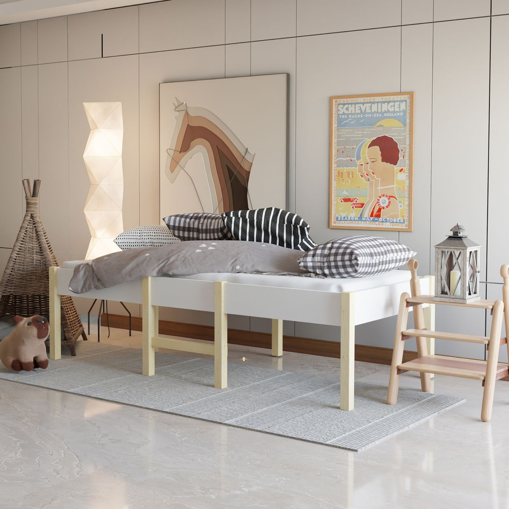Кровать детская 160х80, Ами, односпальная, массив сосны, ЛДСП, цвет белый/натуральная сосна, Dipriz