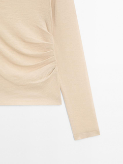 Massimo Dutti Футболка из смесовой шерсти со сборкой, бежевый