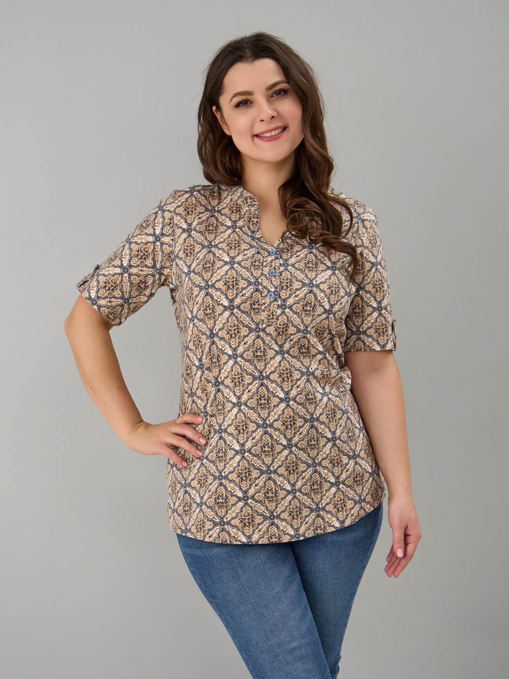 Блузка БЛ-122/орнаментиндиго-бежевый