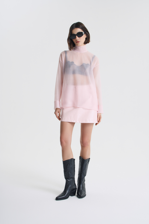 Юбка мини из розовой экокожи