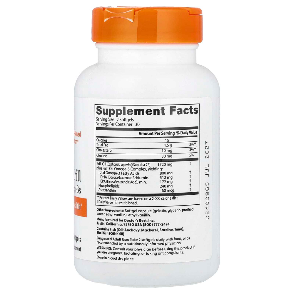 Doctor's Best, обогащенный криль с омега-3 из криля Superba, 60 капсул