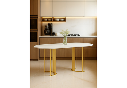 Стол деревянный Woodville Хьюго О 180 х 90 белая шагрень пленка, золотые ноги