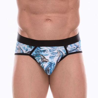Мужские трусы-стринги с принтом в виде китов в волнах (Размер: XL) (Цвет: голубой)