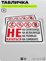 Табличка для частной территории "Не кататься на скейтборде, велосипеде, роликах и самокате", на дом, для участка и организаций, предупреждающая, 40х30 см, Silver Plane x Айдентика Технолоджи
