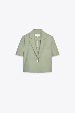 ZARA БЛЕЙЗЕР ИЗ ЛЬНА С КОРОТКИМИ РУКАВАМИ, СВЕТЛЫЙ ХАКИ