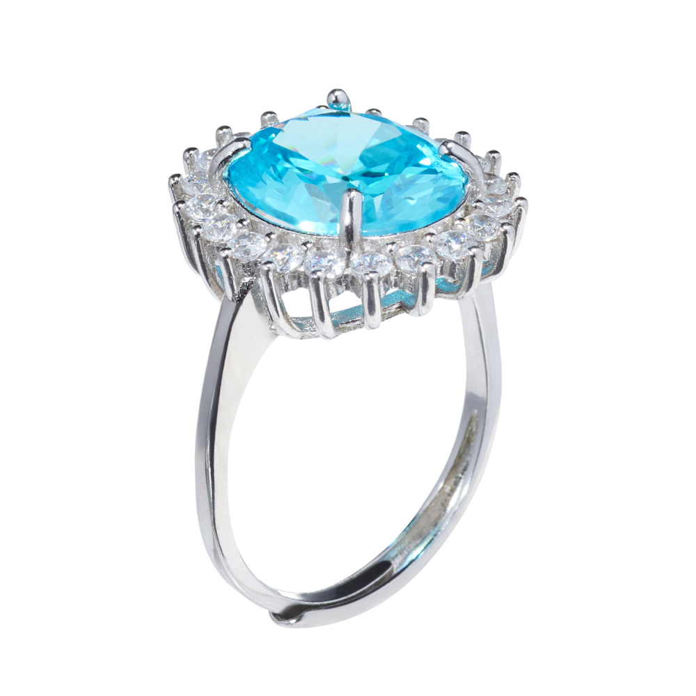 Кольцо-вечернее, серебрение 925, голубой овальный циркон, окантовка россыпь камней