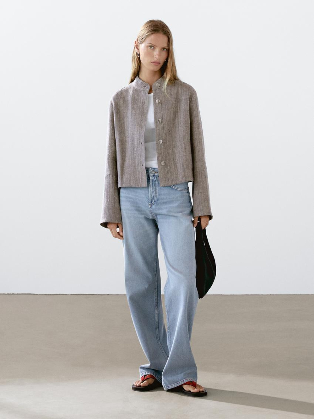 Massimo Dutti Короткая льняная куртка с воротником-стойкой, серый