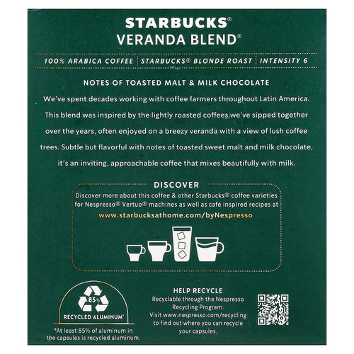 Starbucks, Nespresso®, Veranda Blend®, молотый, светлая обжарка, 8 алюминиевых капсул, 100 г (3,52 унции)