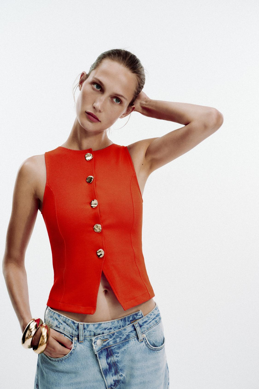 ZARA ТОП-ЖИЛЕТ С ПУГОВИЦАМИ, КРАСНЫЙ