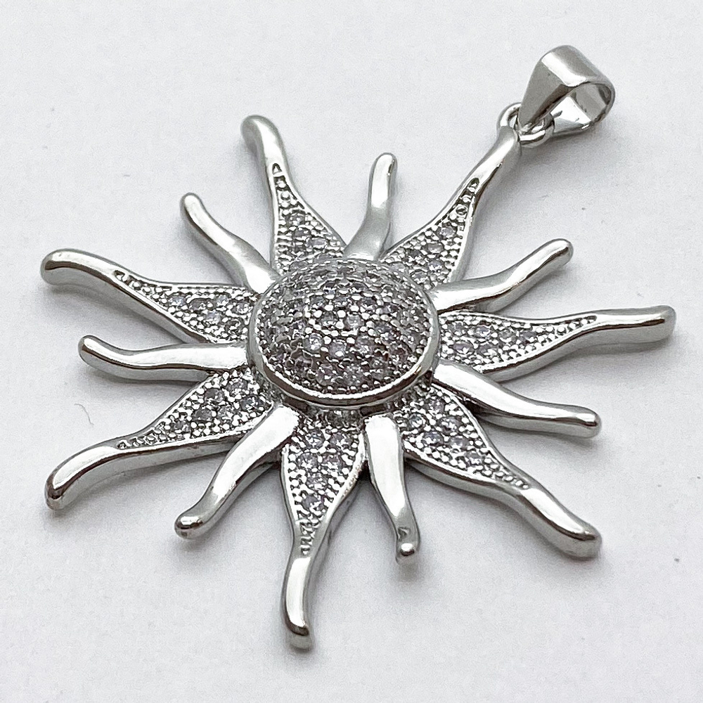 Подвеска Солнце, родиевое покрытие, фианиты, размер 35*37 мм + бейл, цена за 1 шт