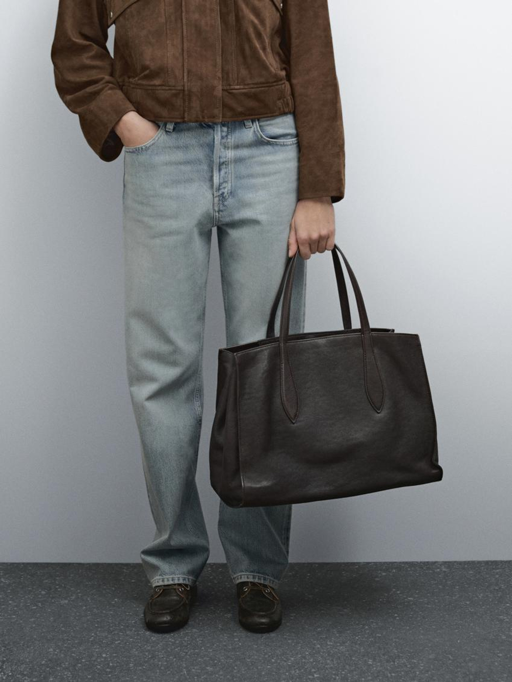 Massimo Dutti Большая сумка-шопер из кожи наппа, коричневый