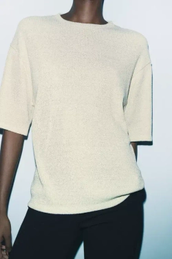 ZARA ТОП С БЛЕСТЯЩЕЙ НИТЬЮ И КОРОТКИМИ РУКАВАМИ, ЗОЛОТОЙ