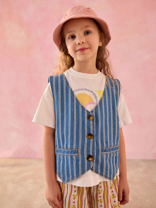 Футболка и жилет джинсовый в комплекте для девочки Next E98-834, Синий, Молочный