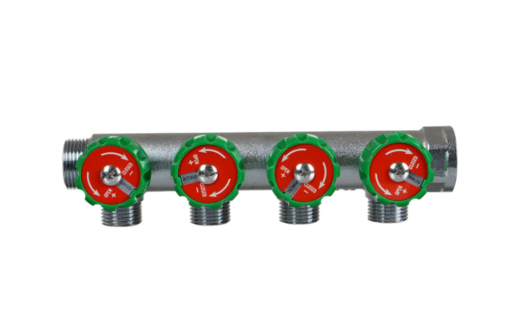 Латунный коллектор Terma 3/4"в/н с 4-мя вент.кранами на 1/2" (нар.резьбы) с выходами под 90 град (14021) 18606