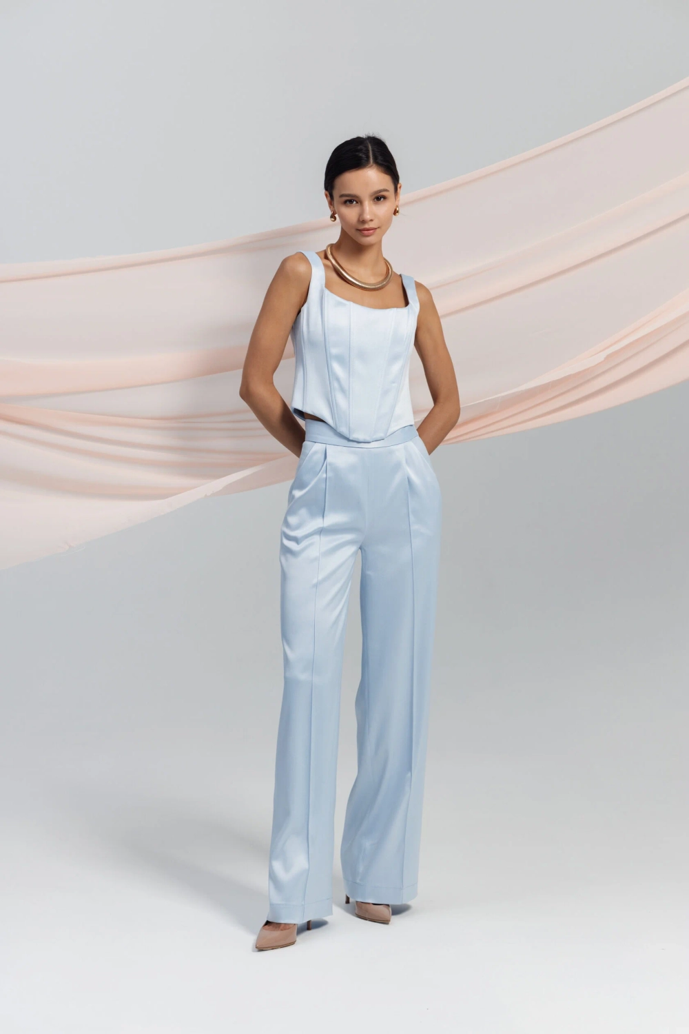 Брюки-палаццо Анна из голубого атласа SHARO