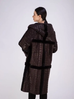 Дубленка женская натуральная длинная с капюшоном оверсайз