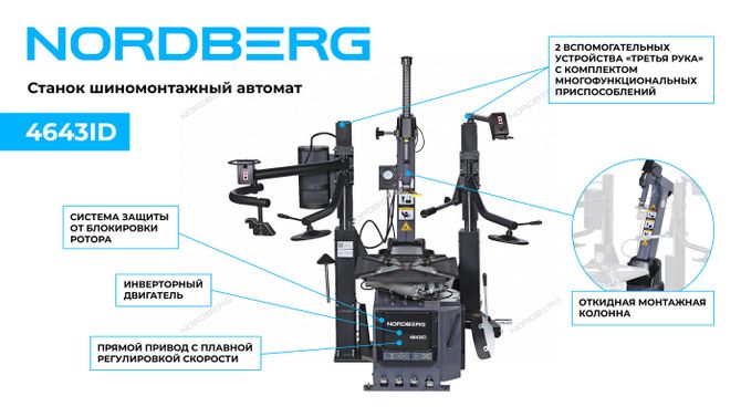 NORDBERG (4643ID) Станок шиномонтажный автомат, инверторный, стол с накладками, 220 В, серый