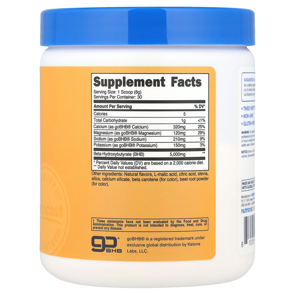 Nutricost, BHB Salts, goBHB®, персик и манго, 249 г (8,9 унции)