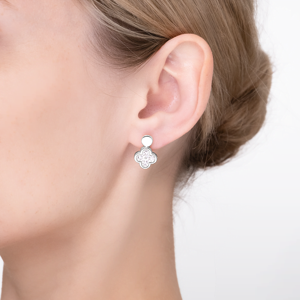 Серьги «Клевер» с английским замком из белого золота с фианитами