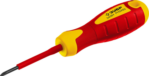 Отвертка диэлектрическая до 1000В, ЗУБР ″Профессионал″ ″ПРОФИ ЭЛЕКТРИК″ 25262-0-060, Cr-V, трехкомпонент рукоятка, PH 0 x 60 мм