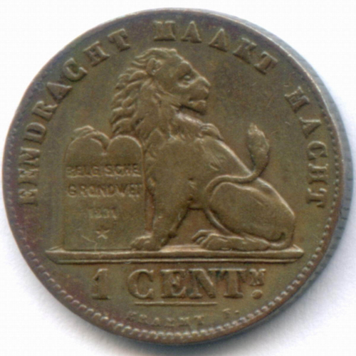 1 сантим 1894 год. Бельгия (Альберт I). Надпись на голландском - DER BELGEN. Медь, диаметр 16.5 мм. VF-XF