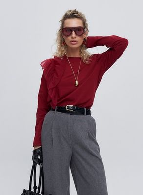 Лонгслив с воланом, бордовый