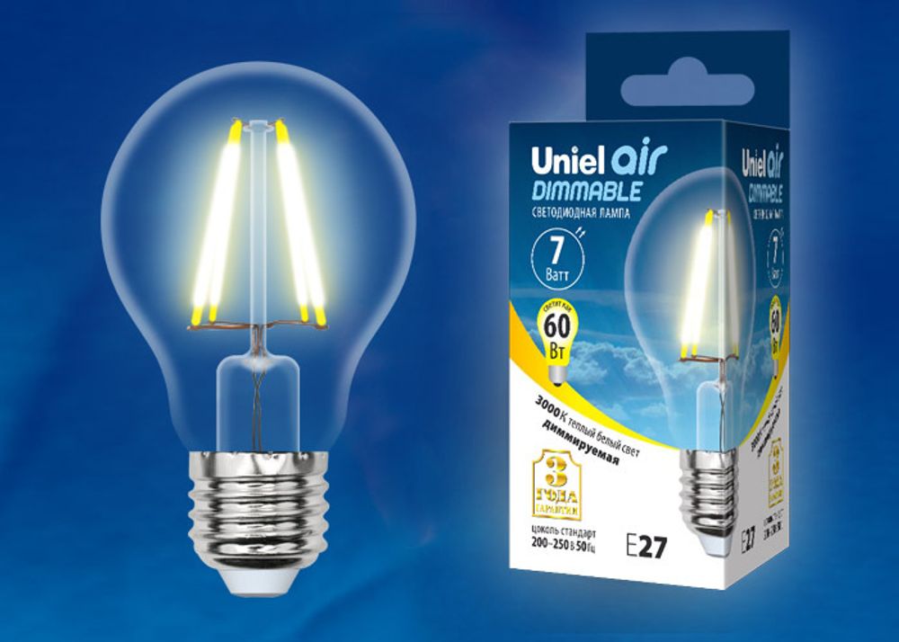 LED-A60-7W/WW/E27/CL/DIM GLA01TR Лампа светодиодная диммируемая. Форма A, прозрачная. Серия Air. Теплый белый свет (3000K). Картон. ТМ Uniel