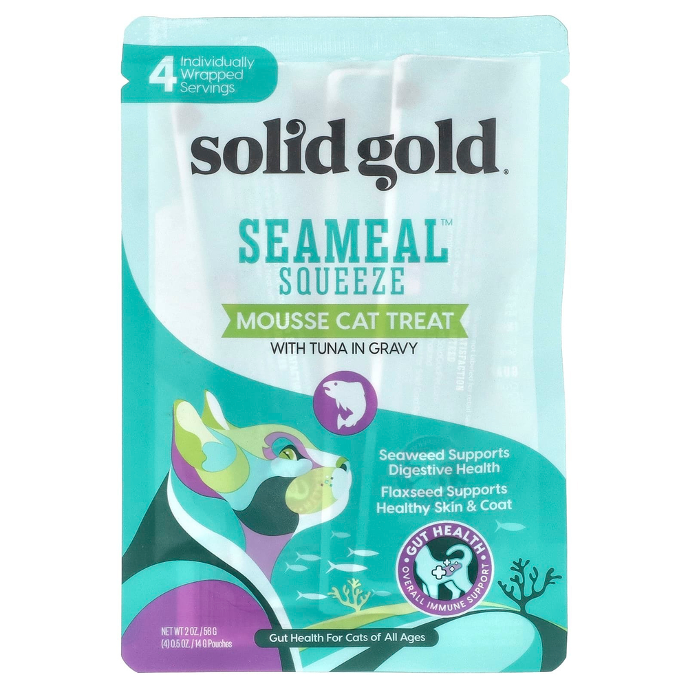 Solid Gold, Мусс для кошек с тунцом в соусе SeaMeal ™, для кошек, для всех возрастов, 4 пакетика по 14 г (0,5 унции)