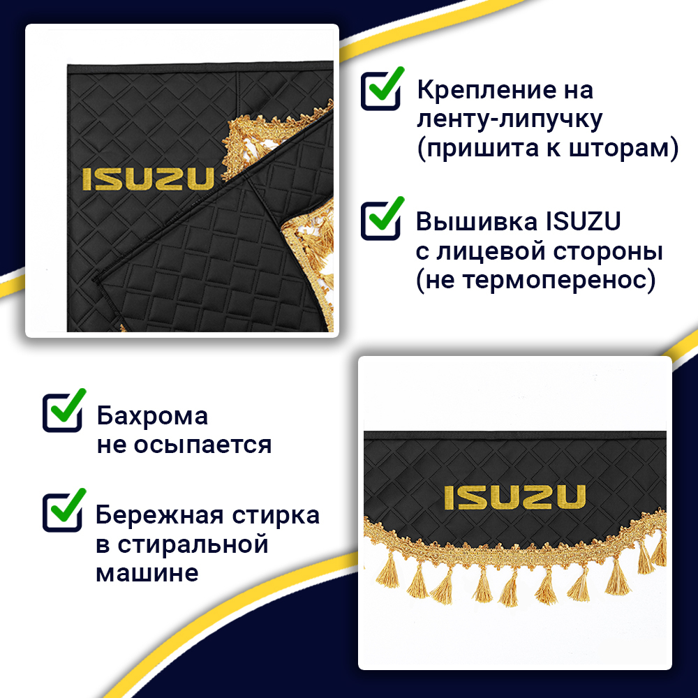 Ламбрекен с косынками двусторонние Isuzu (экокожа, черный, золотые кисточки)