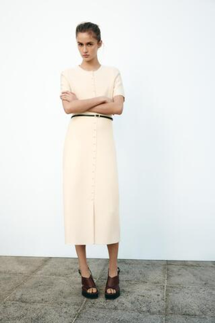 ZARA ПЛАТЬЕ МИДИ С РЕМНЕМ, ВАНИЛЬНЫЙ