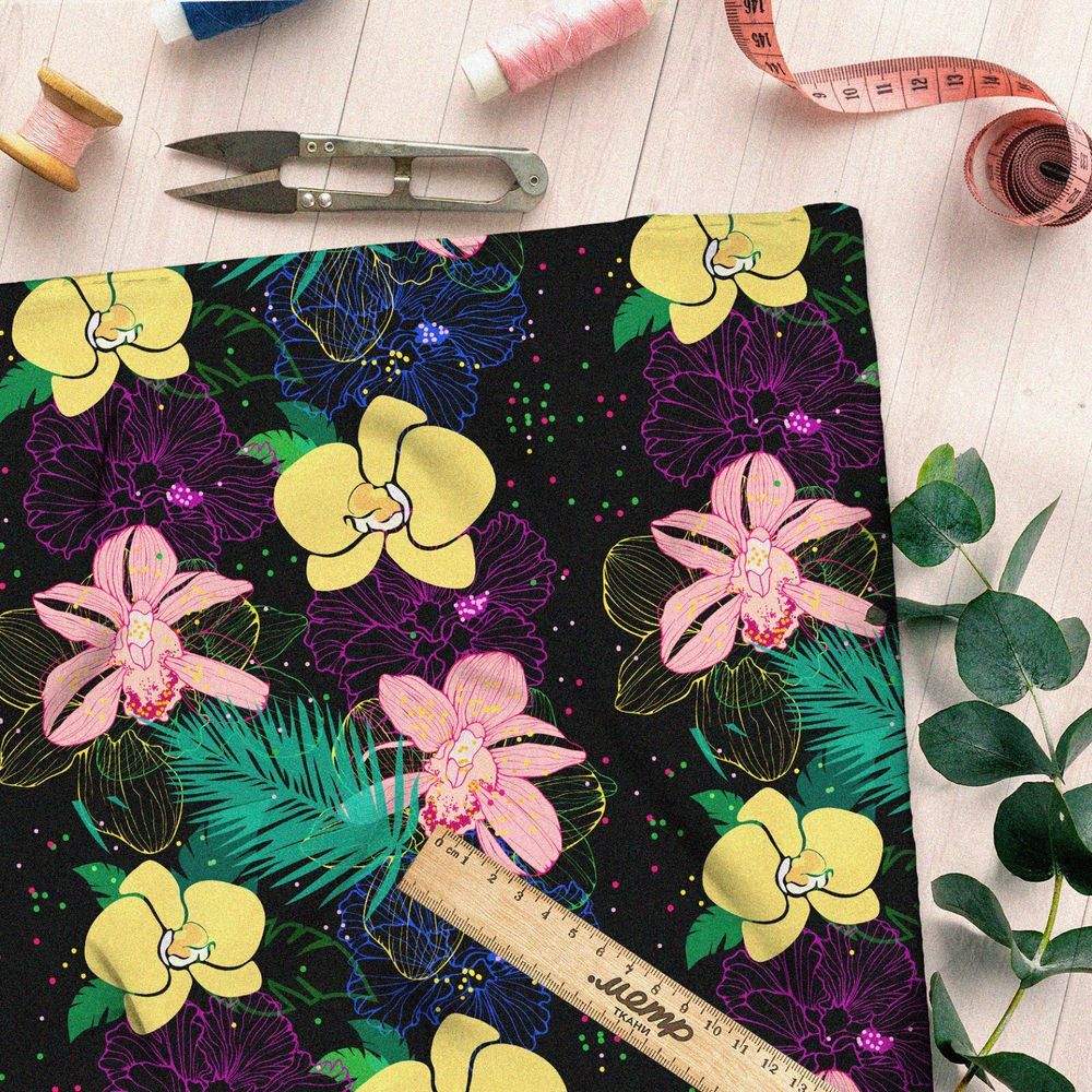 Ткань габардин нежно жёлтые и розовые орхидеи