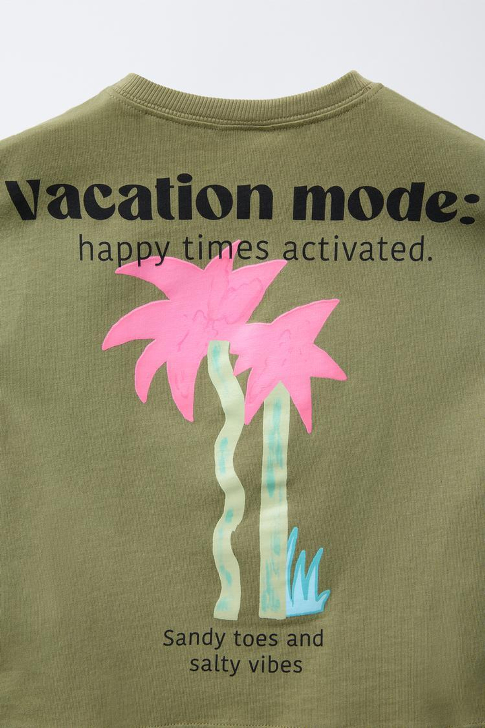 ZARA ФУТБОЛКА С ПРИНТОМ «ПАЛЬМЫ», ХАКИ