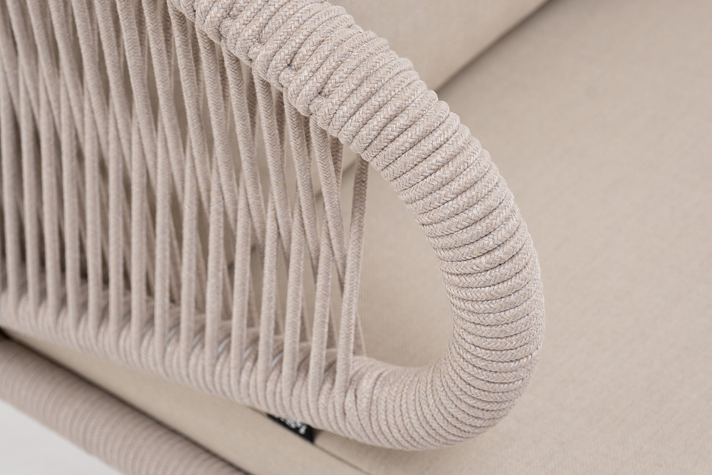 "Милан" кресло плетеное из роупа, каркас алюминий белый муар, роуп бежевый круглый, ткань бежевая 15052