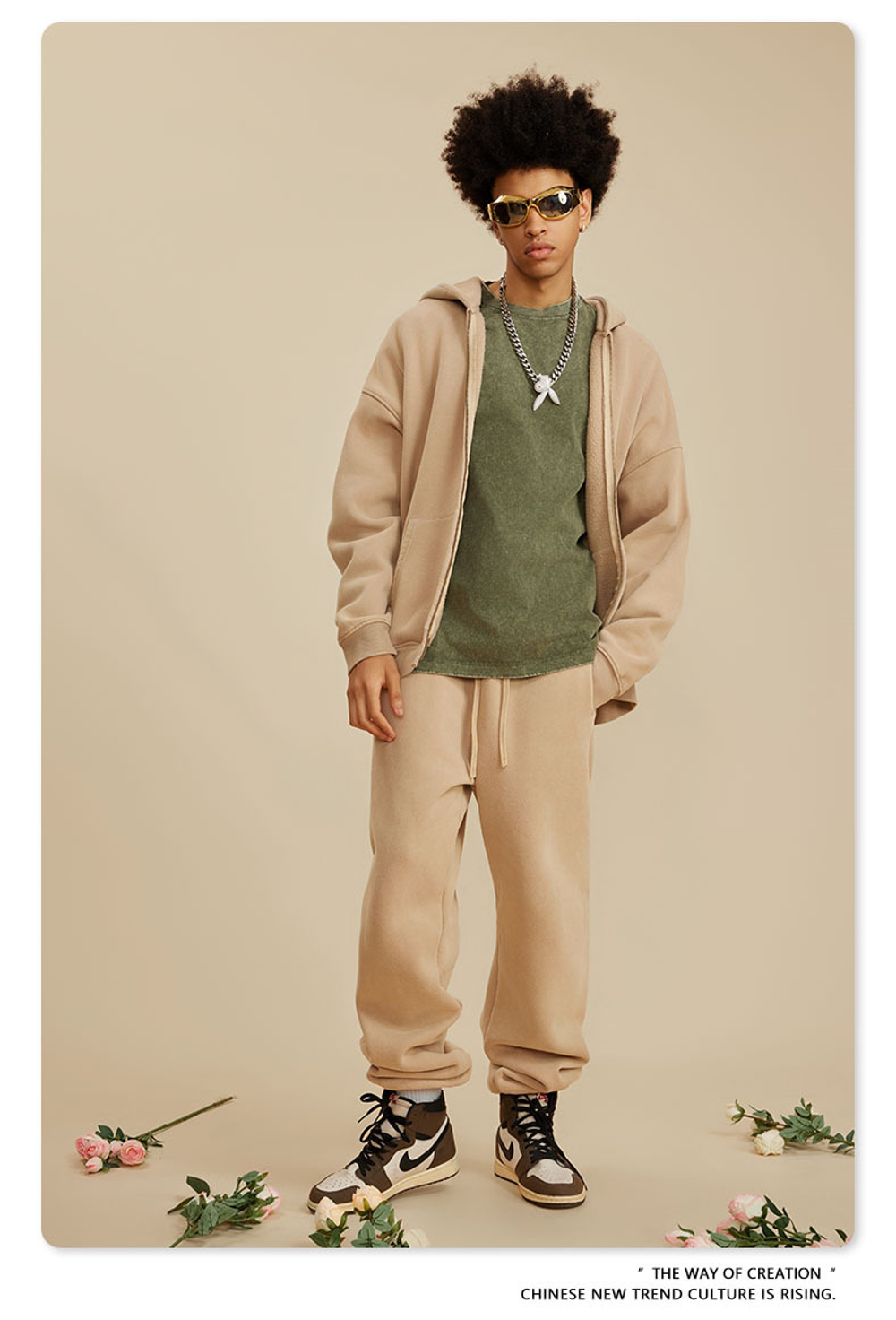 Американский модный брендовый костюм мужской зелёного цвета с эффектом потёртости с капюшоном и двойной молнией для мужчин.